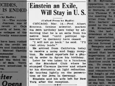 Einstein an Exile, Will Stay in U.S.